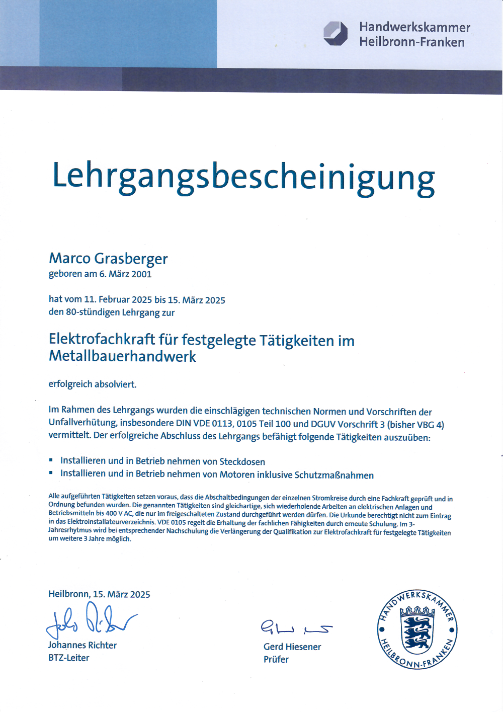 Lehrgangsbescheinigung "Elektrofachkraft für festgelegte Tätigkeit im Metallbauerhandwerk"
